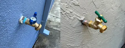 A worn dripping hose bib replaced with a quarter-turn ball-valve outdoor faucet, before and after