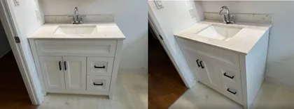A bathroom vanity replacement with new supply and drain connections and a stone top, completed by Natan Group