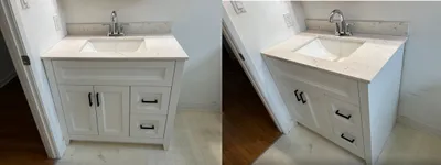 A bathroom vanity replacement with new supply and drain connections and a stone top
